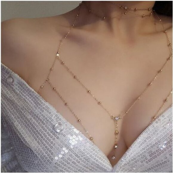 2/50🍒NWT Sexy Cross Body Necklace Body Jewelry Bra Harness Club Beach Festival - Picture 2 of 15